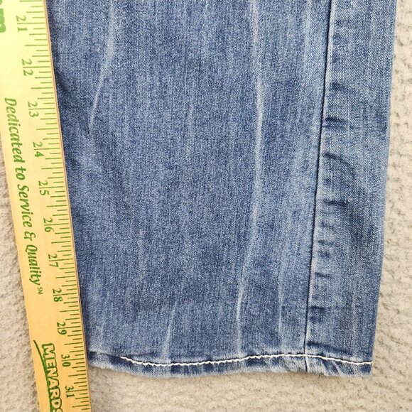 Y2K Vanity Jeans Womens 31x33 Blue Flared Low Rise Whiskered Fleur De Lis Pocket - Picture 6 of 12